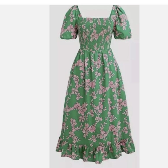J. Crew Factory Smocking Midi Dress Floral Sz Medium Pockets Green Pink - Picture 1 of 10